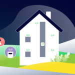 Ein Haus mit Connect-Gateway umgeben von Zählern, fertiger Abrechnung und Mieterportal auf einem Smartphone